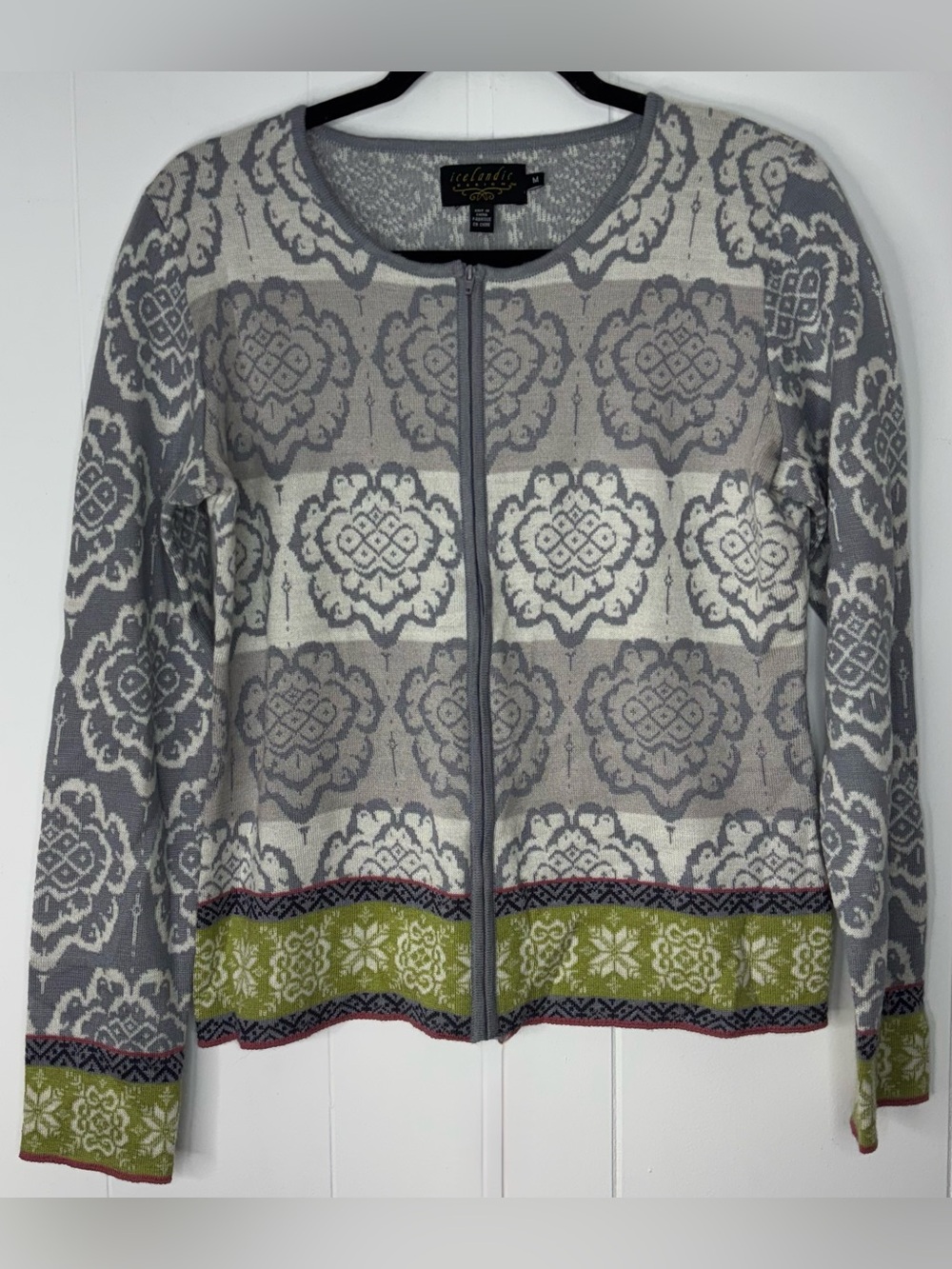 Icelandic Designs Wool Blend Floral Zip Full Cardigan Womens Size Medium